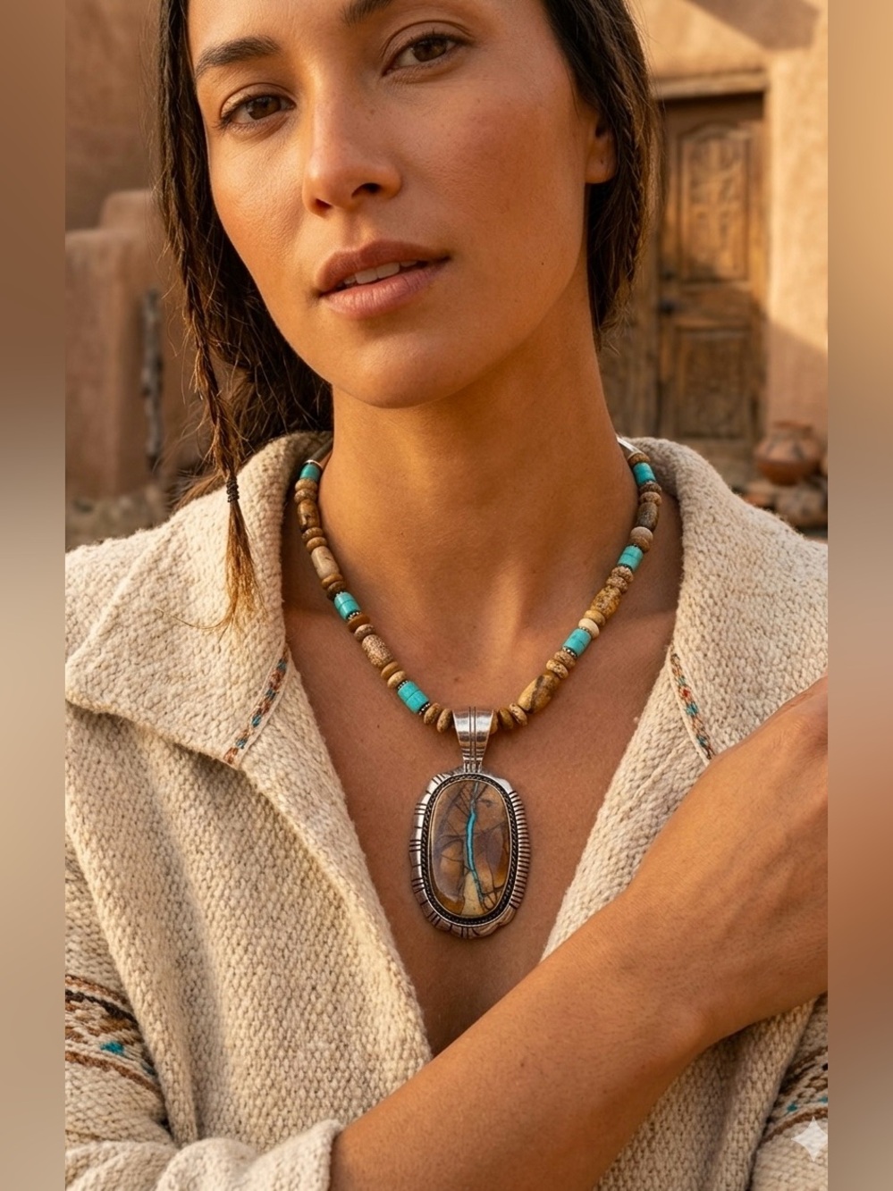 Native American Navajo Sterling Silver Turquoise Picture Jasper Beaded Necklace - Picture 2 of 5